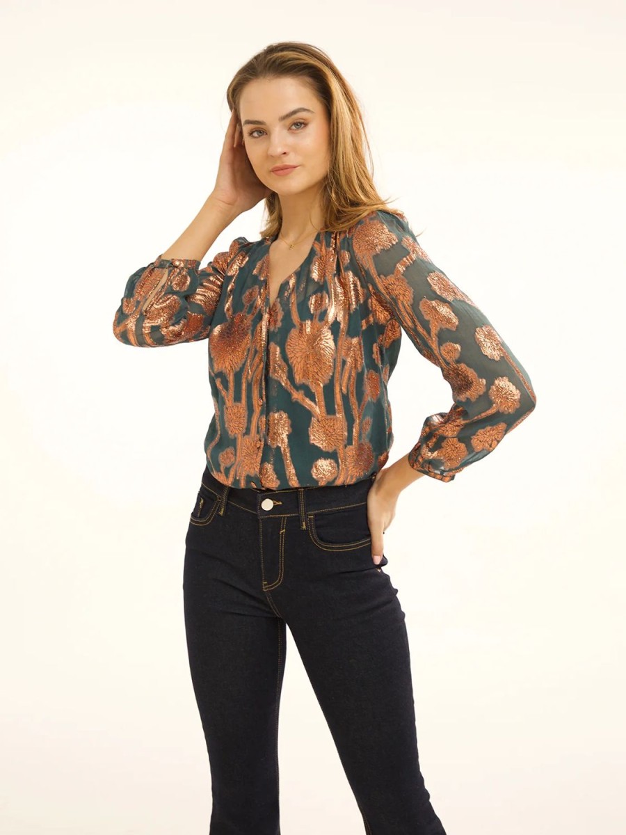 Women Stardust Tops | Betty Blouse-Emerald & Bronze