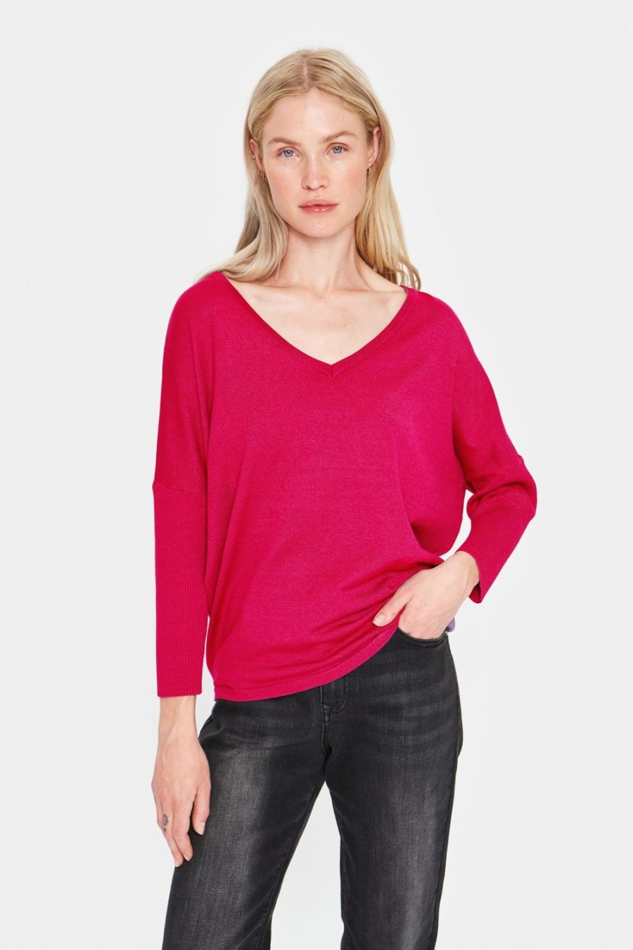 Women Saint Tropez Knitwear | Mila V-N Pullover-Bright Rose