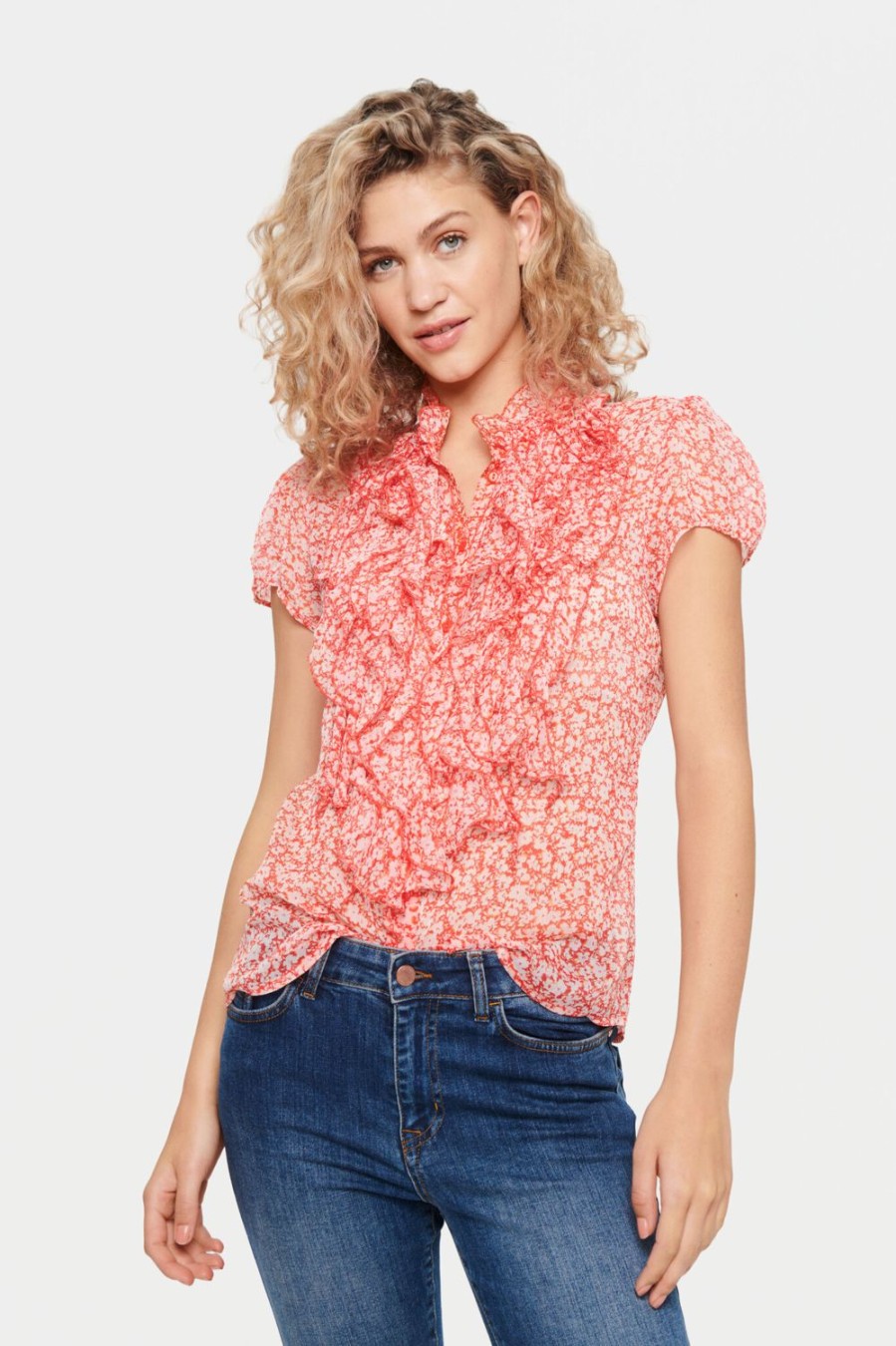 Women Saint Tropez Tops | Lilja Crinkle Ss Shirt-True Red Florals