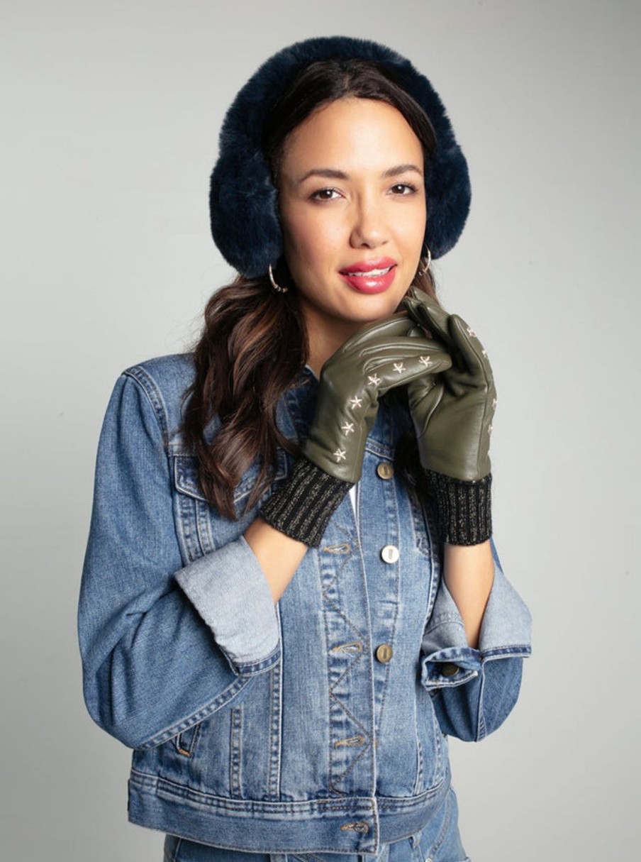 Women Nooki Gloves | Elvis Star Embroidered Leather Glove-Khaki