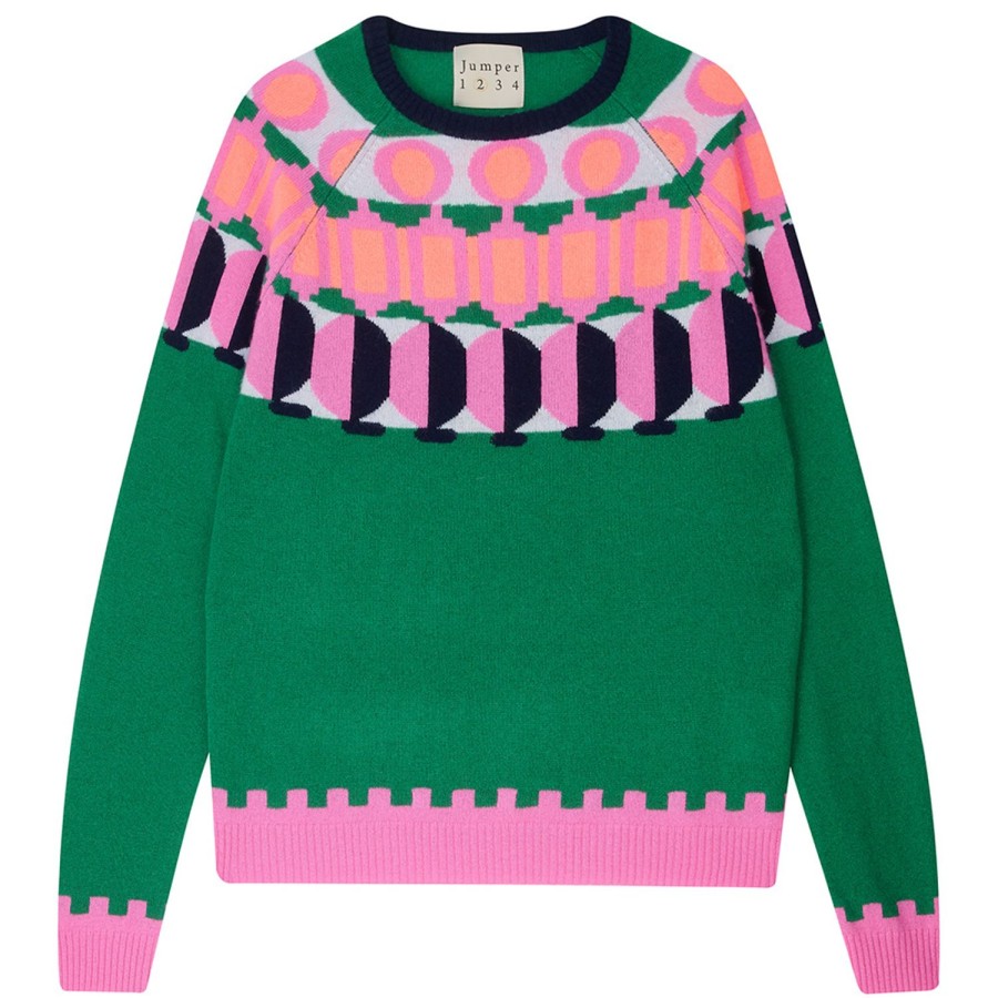 Women Doodie Stark Knitwear | Chain Crew Neck Knit-Grass Green/Peony Navy