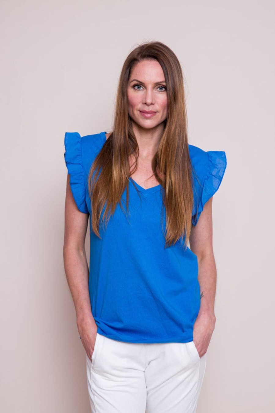 Women Suzy D Tops | Mina Frill Sleeve Cotton Tee-Electric Blue