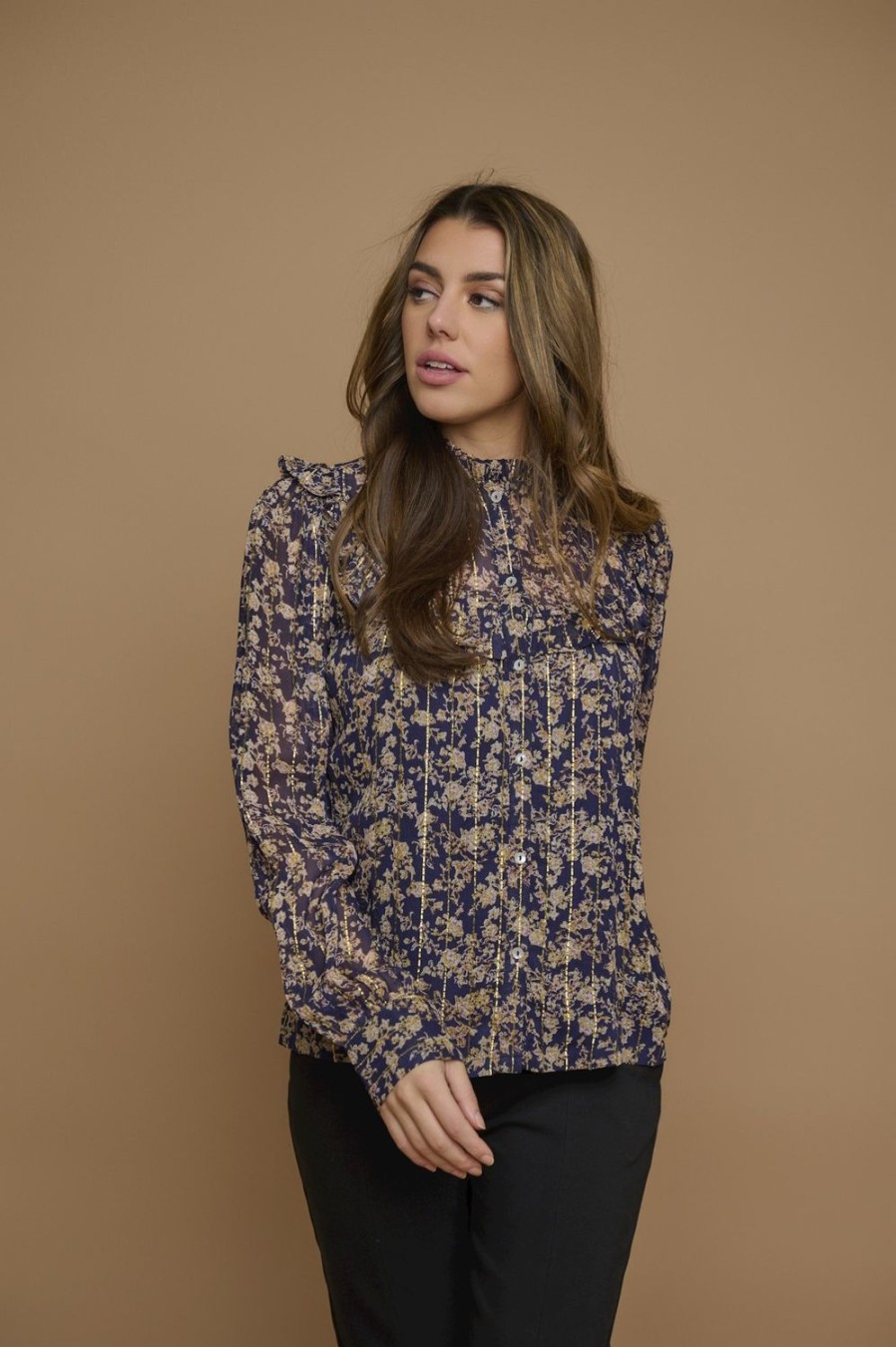 Women Rino & Pelle Tops | Reina Blouse With Ruffle-Navy Flower