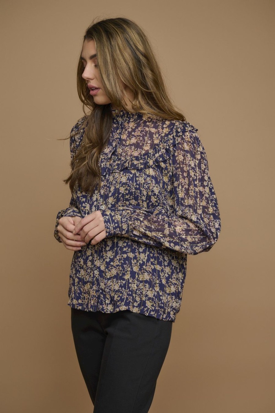 Women Rino & Pelle Tops | Reina Blouse With Ruffle-Navy Flower