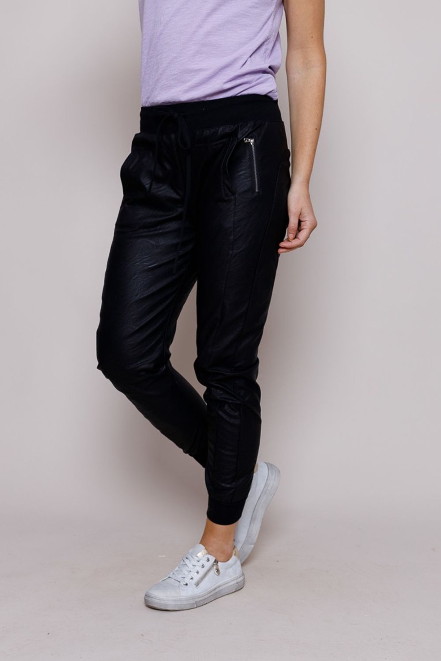 Women Suzy D Trousers | Vegan Leather Joggers-Black