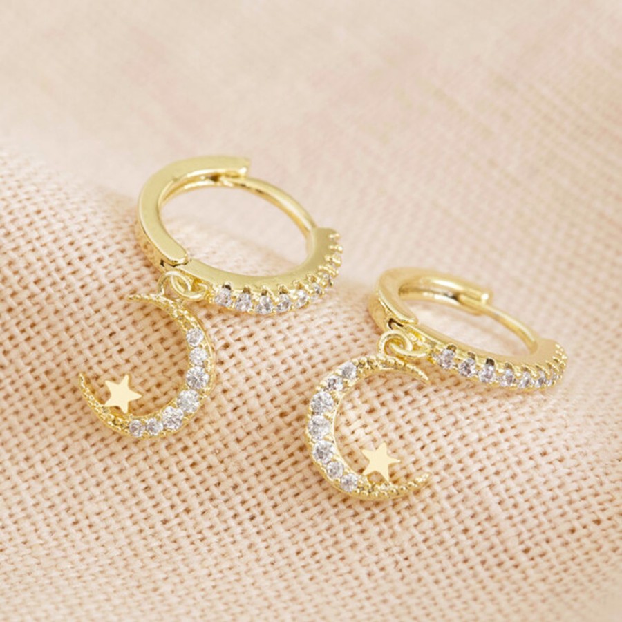 Women Lisa Angel Earrings | Crystal Moon Huggie Hoop Earrings-Gold