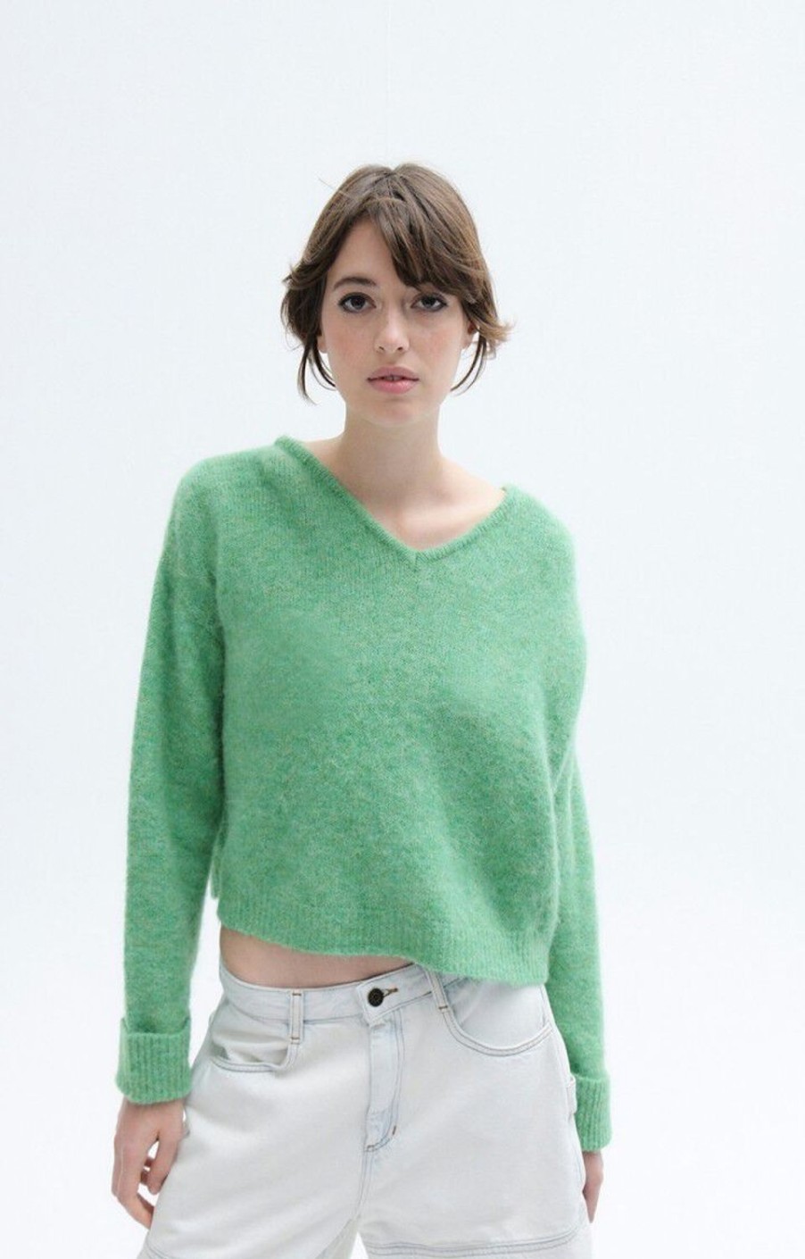 Women American Vintage Knitwear | East V-Neck Jumper-Palmier Chine