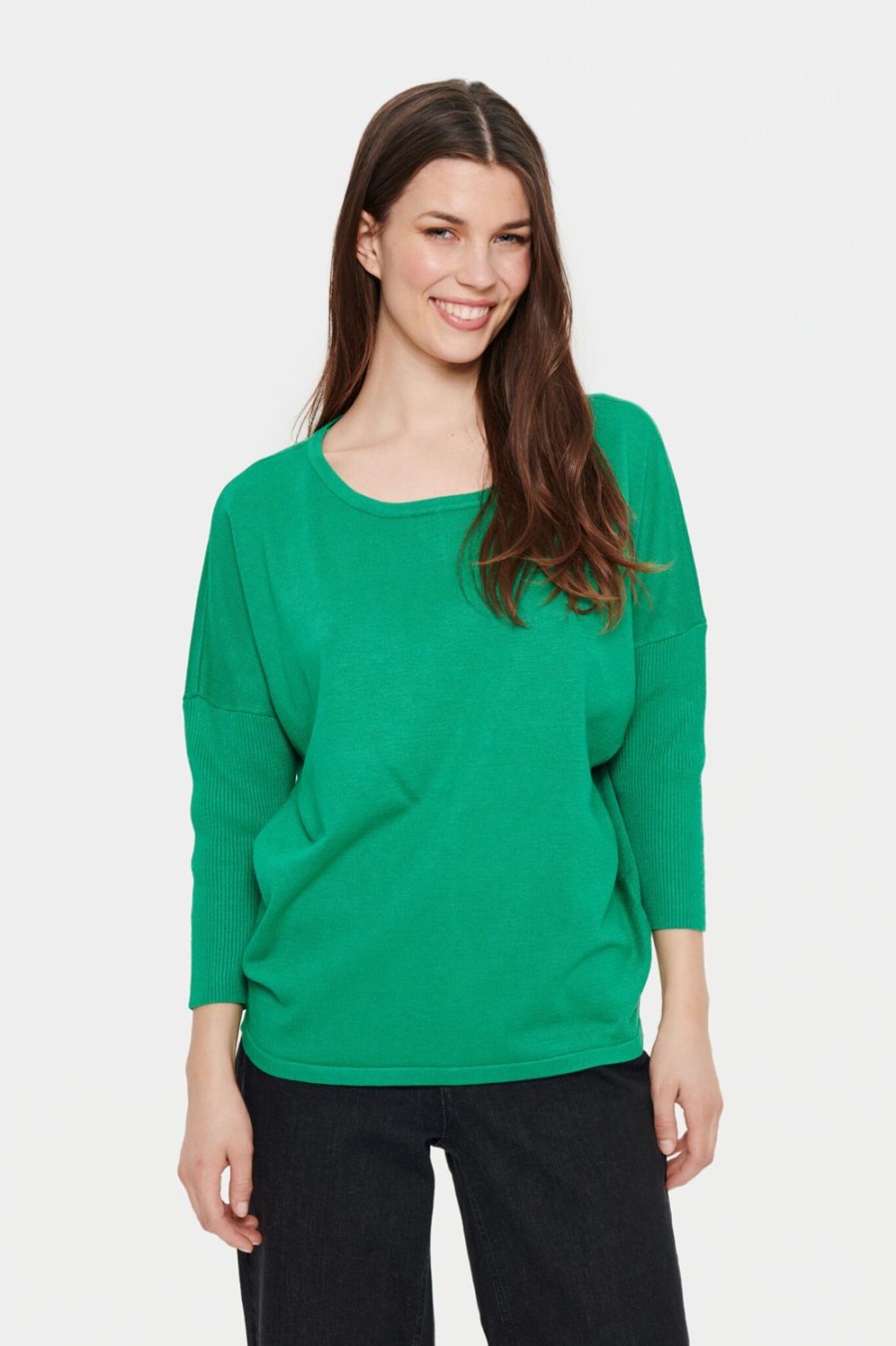 Women Saint Tropez Knitwear | Mila R-Neck Pullover-Verdant Green Melange