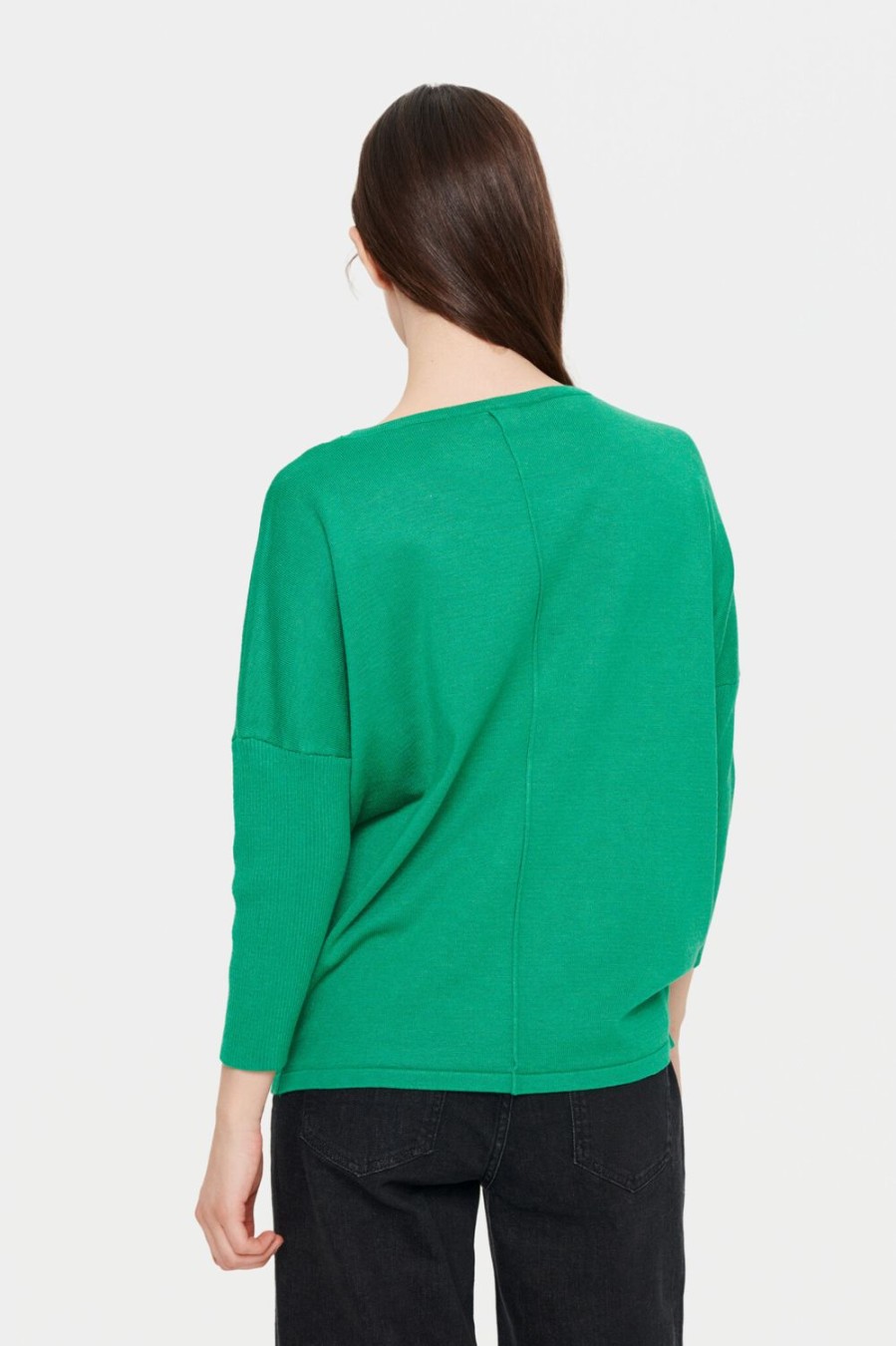 Women Saint Tropez Knitwear | Mila R-Neck Pullover-Verdant Green Melange