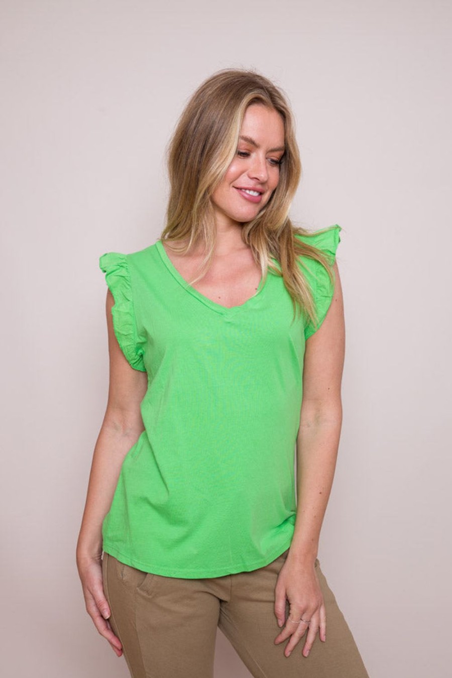 Women Suzy D Tops | Mina Frill Sleeve Cotton Tee-Neon Green