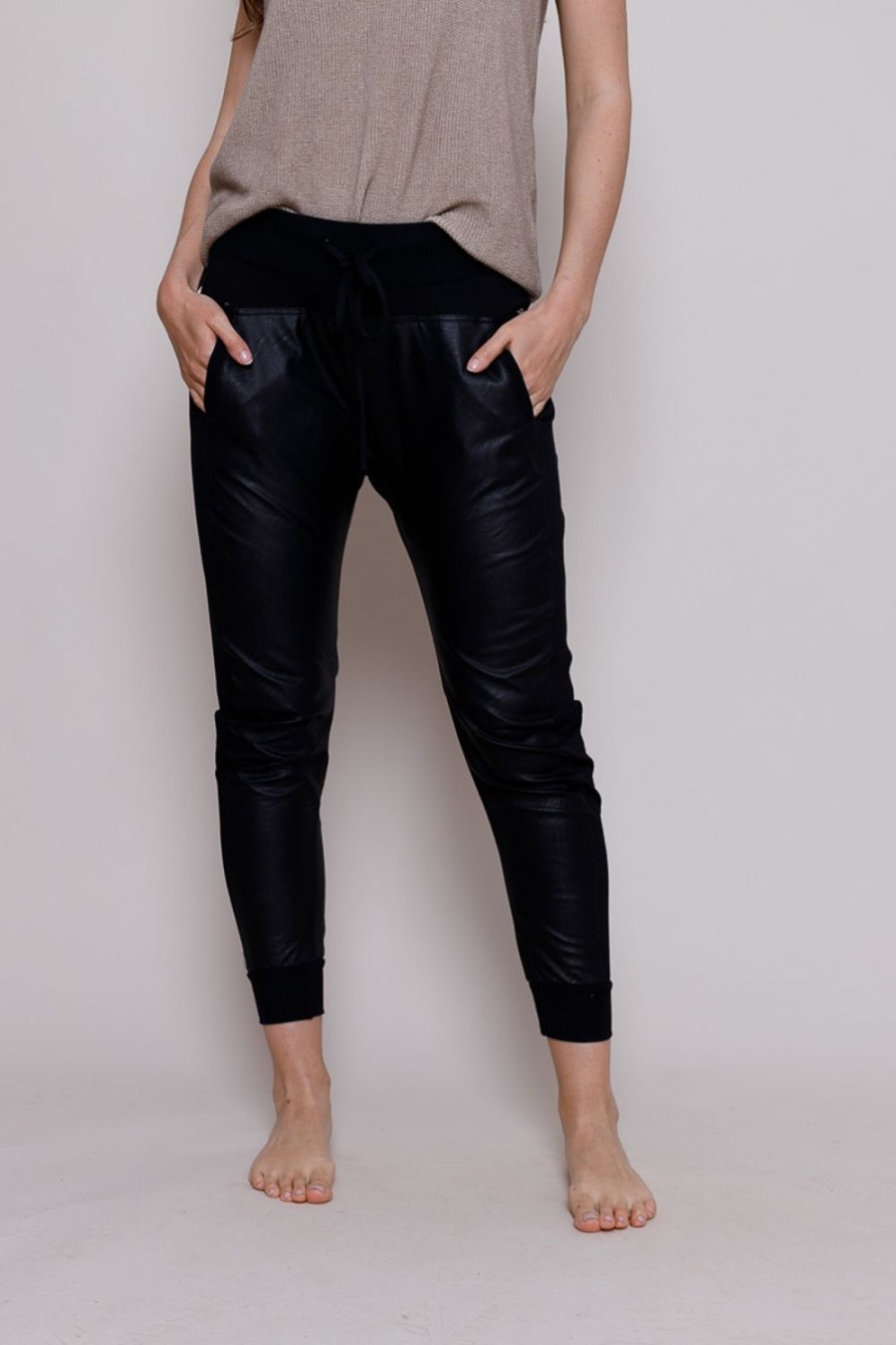 Women Suzy D Trousers | Vegan Leather Joggers With Side Panel-Black