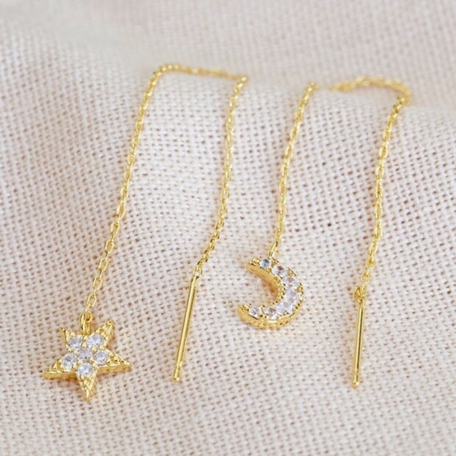 Women Lisa Angel Earrings | Thread Through Moon And Star Chain Earrings-Gold