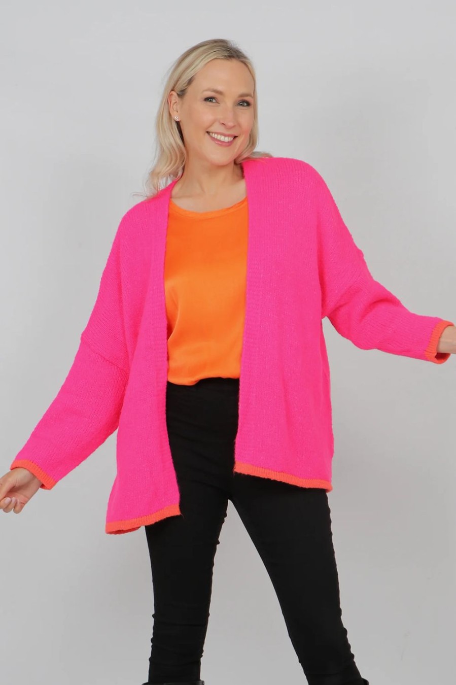 Women Doodie Stark Knitwear | Contrasting Trim Cardi-Fuchsia Orange