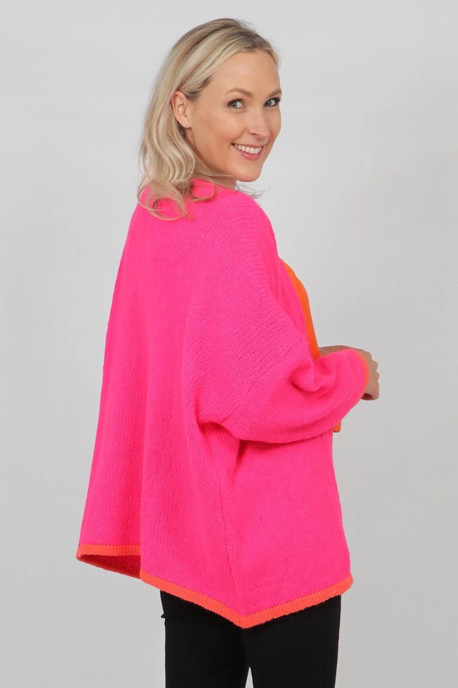 Women Doodie Stark Knitwear | Contrasting Trim Cardi-Fuchsia Orange