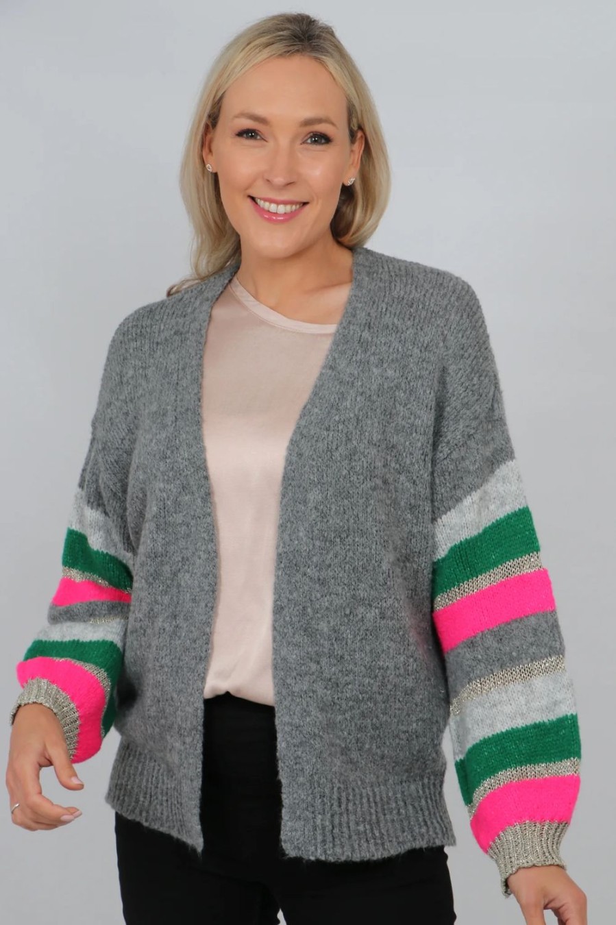 Women Doodie Stark Knitwear | Colourblock Sleeve Cardi-Dark Grey/Green/Fuchsia