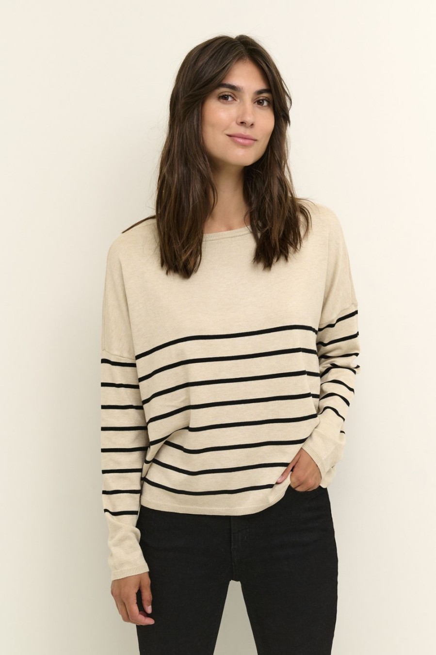 Women Culture Knitwear | Annemarie Striped Pullover-Oyster Grey