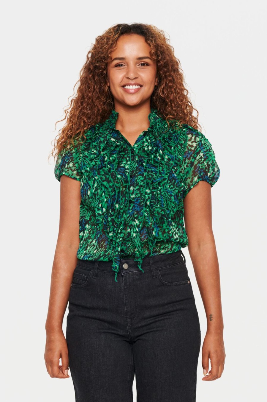 Women Saint Tropez Tops | Lilja Crinkle Ss Shirt-Verdant Green Brushed Blooms