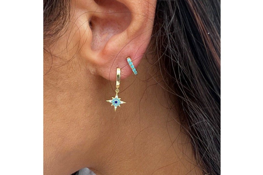 Women Boho Betty Earrings | Cohan Blue Ombre Cz Gold Hoop Star Earrings