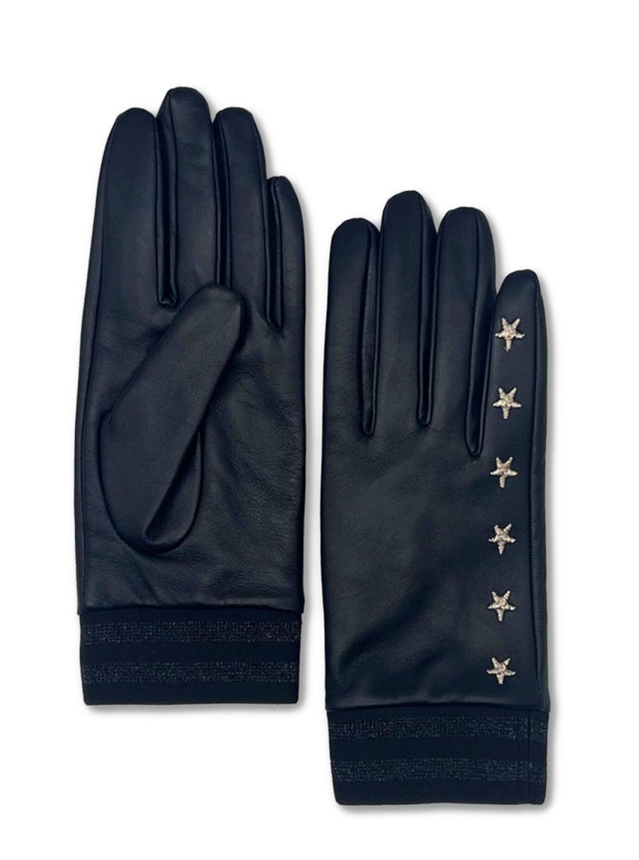 Women Nooki Gloves | Elvis Star Embroidered Leather Glove-Black